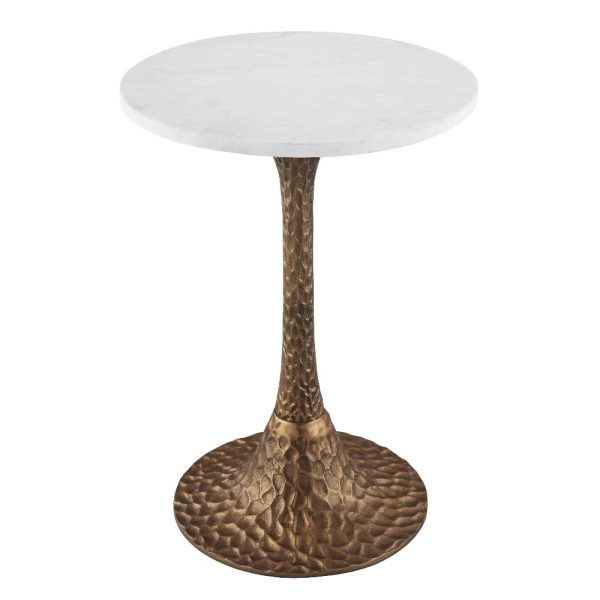 Tyler Accent Side Table, 14.5 Inch Round White Marble Top, Antique Brass Hammered Pedestal Base - The Urban Port For Sale