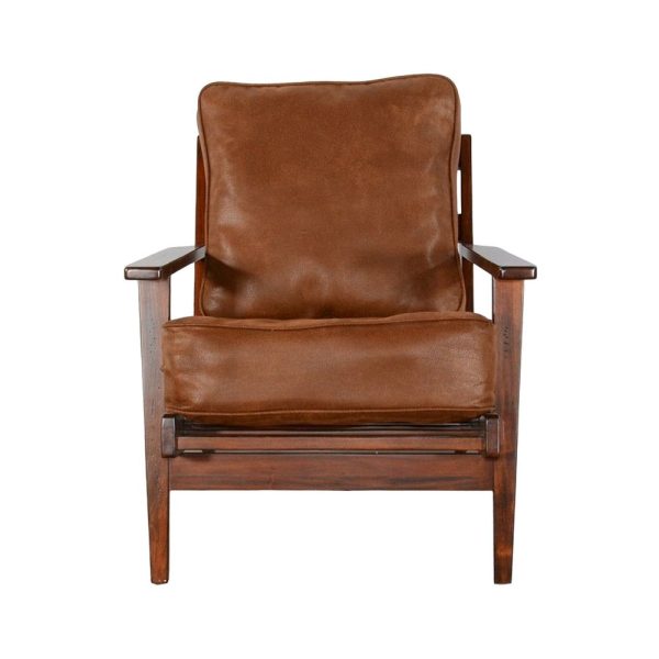 Odel Accent Lounge Chair, Slatted, Faux Leather, Dark Brown Solid Wood on Sale - Image 2
