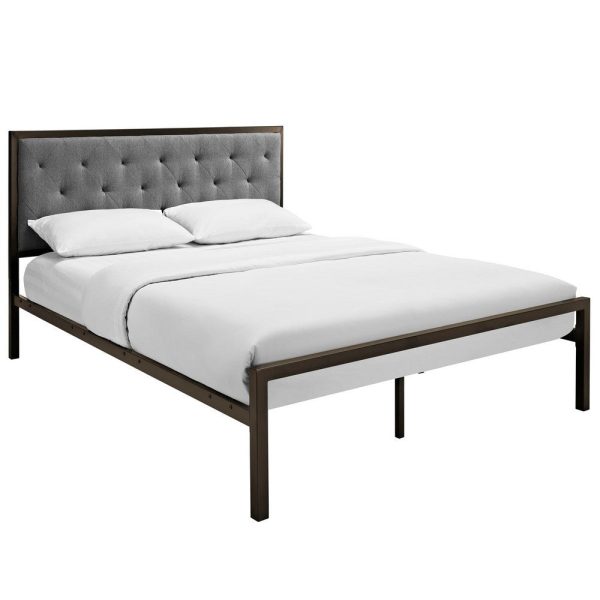 Modway Mia Upholstered Brown Beige Tufted Platform Bed with Metal Slat Support in Queen on Sale