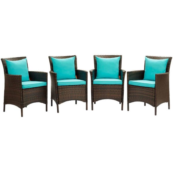 Modway EEI-4031-BRN-TRQ Conduit Outdoor Patio Wicker Rattan Dining Armchair Set of 4, Brown Turquoise Supply