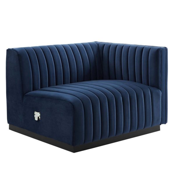 Modway Conjure Channel Tufted Upholstered Performance Velvet Sectional Sofa Right-Arm Chair in Black Midnight Blue Online Sale