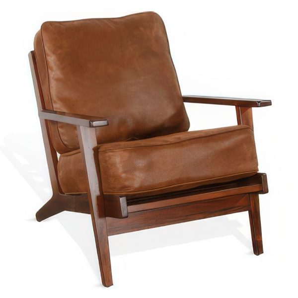 Odel Accent Lounge Chair, Slatted, Faux Leather, Dark Brown Solid Wood on Sale