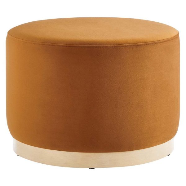 Modway Tilden 23 Inch Round Performance Velvet Upholstered Ottoman in Rust Natural - Round Ottoman Foot Rest with Rubberwood Plinth Base - Living Room Ottoman Side Table or Ottoman Coffee Table For Discount