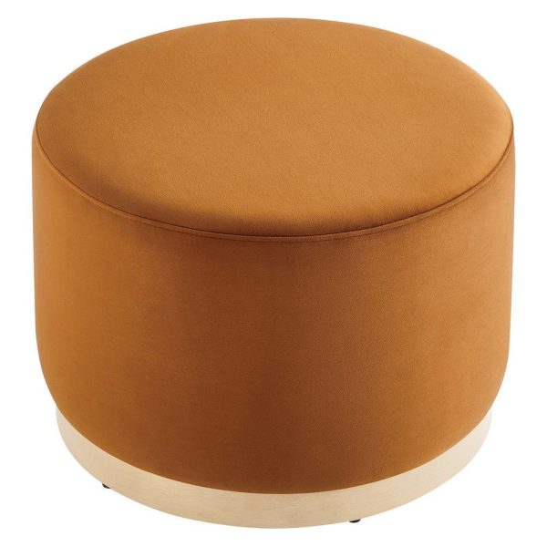 Modway Tilden 23 Inch Round Performance Velvet Upholstered Ottoman in Rust Natural - Round Ottoman Foot Rest with Rubberwood Plinth Base - Living Room Ottoman Side Table or Ottoman Coffee Table For Discount - Image 2