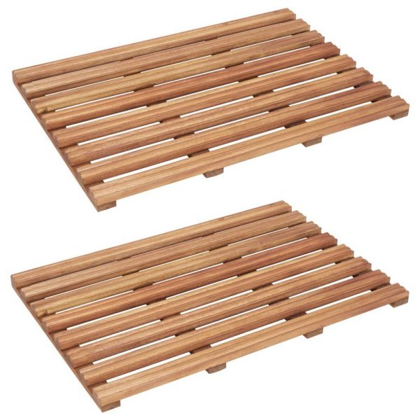 Bath Mats Set of 2, Beige Solid Acacia Wood, Slatted Design, 22x15  Sale