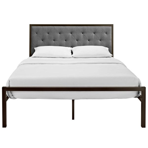 Modway Mia Upholstered Brown Beige Tufted Platform Bed with Metal Slat Support in Queen on Sale - Image 3