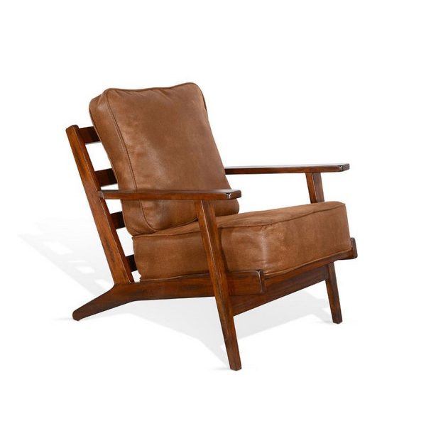 Odel Accent Lounge Chair, Slatted, Faux Leather, Dark Brown Solid Wood on Sale - Image 3